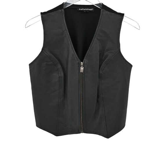 Savannah Jackets & Blazers - Vtg SAVANNAH Vest Womens Sz S Black Leather Combo‎ Zip Up Sleeveless Biker Retro